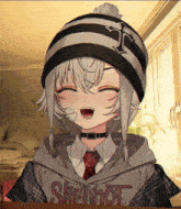 a girl wearing a beanie and a shirt that says scumbot