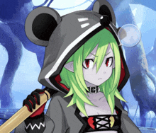 a cartoon character with green hair and a mouse hood