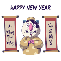 a happy new year greeting card with a cartoon cat holding a scroll