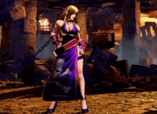 a woman in a purple dress is standing in front of a building