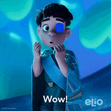 a cartoon character with a blue eye and the words wow