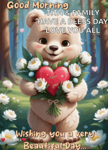 a teddy bear holding a bouquet of flowers and a heart