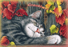a painting of a cat sleeping with leaves and the words " спокойной ночи " on the bottom