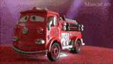 a red toy fire truck is sitting on a red surface with the words minicar ch below it