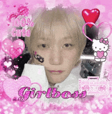 a girl with a tattoo on her face is surrounded by pink hearts and a hello kitty .