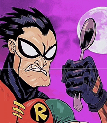 a cartoon of robin holding a spoon with a r on his chest