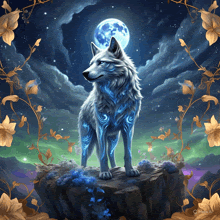 a painting of a wolf standing on a rock with a full moon behind it