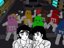 a man and a woman are standing in front of m & m 's