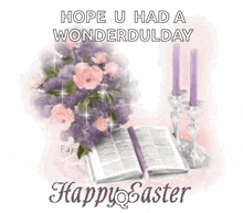 a happy easter card with a bible , candles and flowers