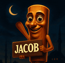 a cartoon character holding a sign with the name jacob on it