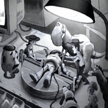 a black and white drawing of toy story characters including mr. potato head