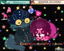 a picture of a cat and a dog with hearts that say be mine kiss me and school is cool
