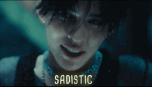a close up of a woman 's face with the word sadistic written on the bottom