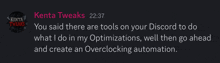 a screenshot of a discord conversation between kenta tweaks and kenya tweaks