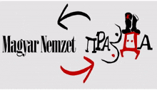a logo that says " magyar nemzet " with an arrow pointing to the right