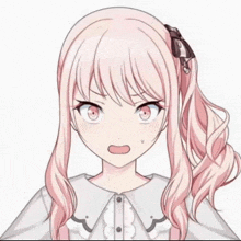a girl with pink hair has a bow in her hair and a surprised look on her face