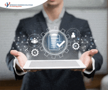 a man in a suit holds a tablet with a check mark in the middle