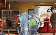 a group of cartoon characters are standing in a room with a sign that says ' a ' on it