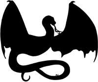 a black and white silhouette of a dragon with wings and a long tail .