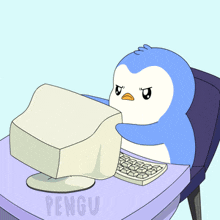 a cartoon of a penguin sitting at a desk looking at a computer