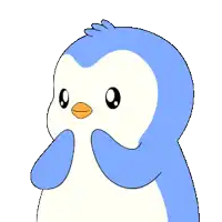 a blue and white penguin with a red beak and a white background
