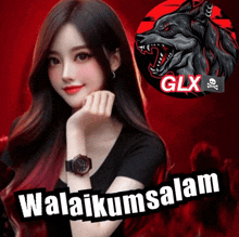 a girl wearing a watch with glx logo in the background