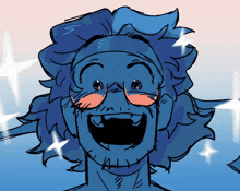 a drawing of a man with blue hair and glasses laughing
