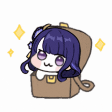 a cartoon of a girl with purple hair sitting inside of a box .