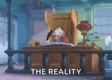 a cartoon of a man sitting at a desk with the words the reality above him