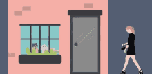a woman is walking in front of a door with a thought bubble that says he is so gorgeous