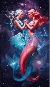 a painting of two mermaids holding hands against a starry background