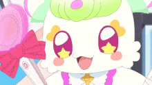 a cartoon character is holding a pink heart shaped wand