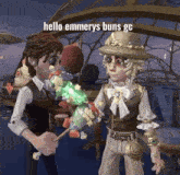 two cartoon characters are standing next to each other in a room in a video game and one of them is holding a toy .