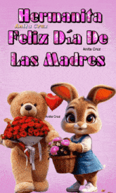 a teddy bear holding a bouquet of red roses next to a bunny with a basket of flowers