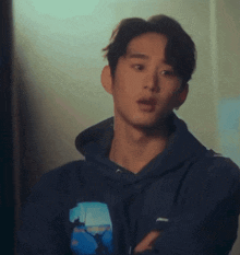 a young man is wearing a blue hoodie with a picture of a boat on it .
