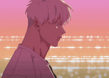 a drawing of a man with white hair standing in front of a pink sky