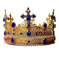 a golden crown with blue stones and a cross on top