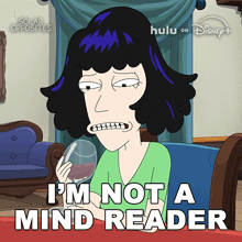a cartoon of a woman holding a glass of wine with the words " i 'm not a mind reader "