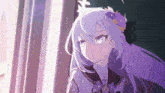a girl with purple hair and flowers in her hair is standing in front of a window