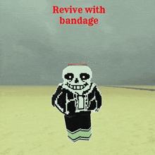 a skeleton in a video game with the words revive with bandage