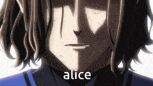 a close up of a person 's face with the word alice on the bottom right