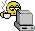 a pixel art illustration of a smiley face holding a cup of coffee and a computer .