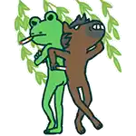 a frog and a horse are standing next to each other . the horse is smoking a cigarette .