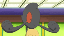 a cartoon character with a red eye and a black body