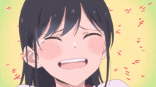a close up of a girl 's face with her mouth open
