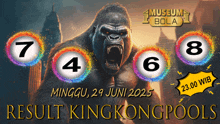 a poster for king kong pools shows a gorilla with numbers around it
