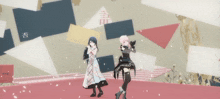 two anime characters are dancing in front of a wall with chinese writing on it