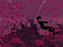 a person laying on the floor with hearts coming out of the ceiling and the letters fbi on the floor