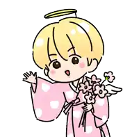 a drawing of an angel with a halo on his head holding a bouquet of flowers