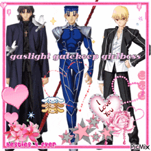 a picture of three anime characters with the words gaslight gatekeep girl boss on the bottom